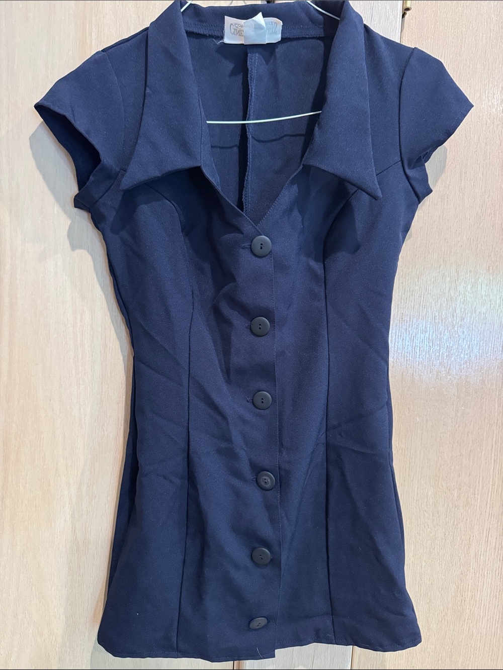 Navy Short-Sleeve Button Front Blouse